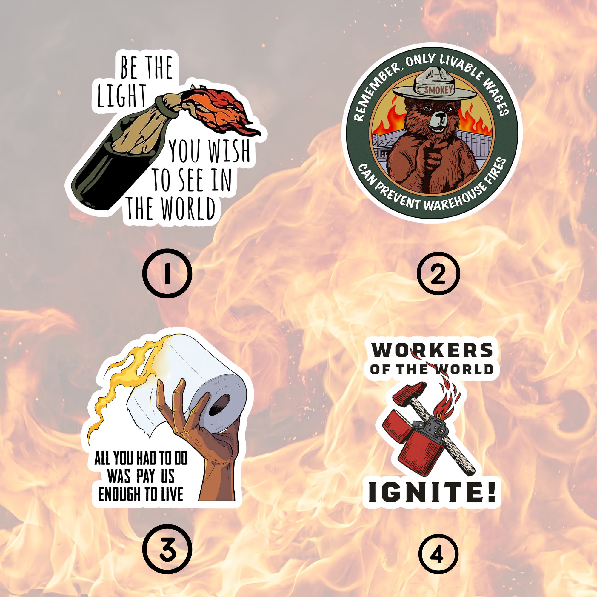 Only Livable Wages Prevent Warehouse Fires Sticker Set